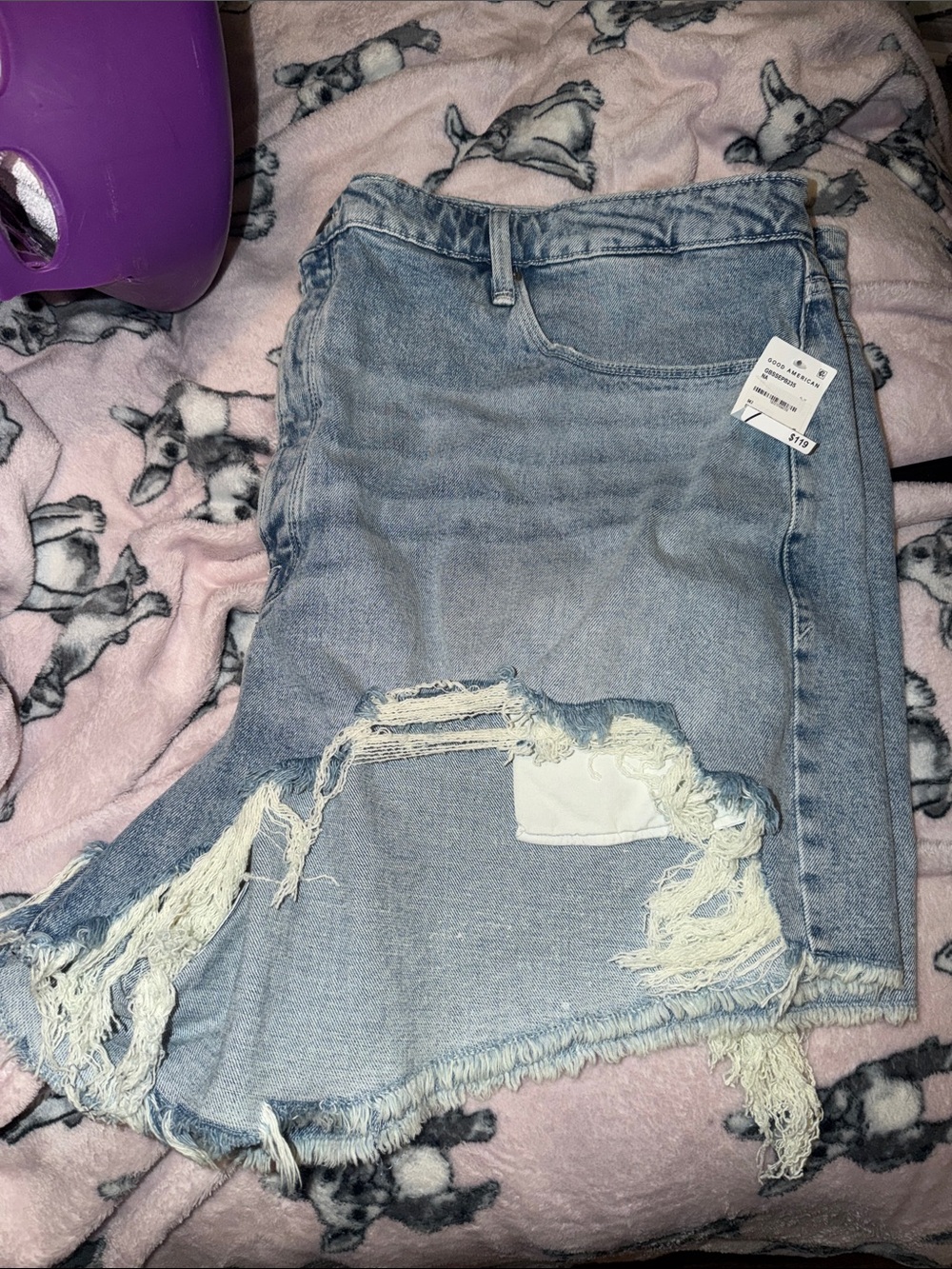 Good American Light Blue Distressed Asymmetrical Denim Skirt